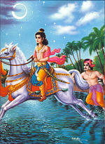 At dawn, Prince Siddhartha and the charioteer ride the horse Kanthaka, leave the city of Kapilvastu, cross the Anoma river and start a homeless life.