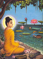 Prince Siddhartha meditates under the Bodhi tree by the Neranjara River.
