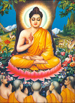 Turning the Dharma Wheel the first time at the Deer Park, the Buddha expounds the Four Noble Truths to convert the first five ascetic friends.