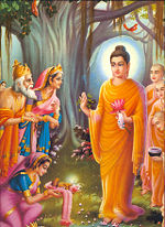 The Buddha returns to Kapilavathu to visit King Suddhodana and to preach Dharma to his royal relatives.