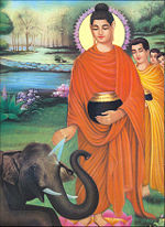 With his great compassion, the Buddha brings to submission the ferociously drunken elephants released by King Ajatasatti.